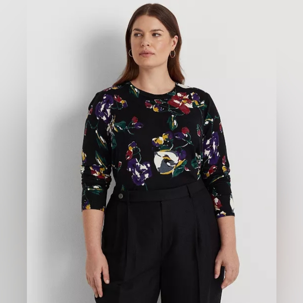 Ralph Lauren Plus Size Fine Knit Cotton Modal Floral Crewneck Sweater 2X